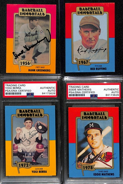 Lot of (4) Signed 1980s TCMA Baseball Immortals Cards - Greenberg, Ruffing, Berra, Mathews - JSA Auction Letter